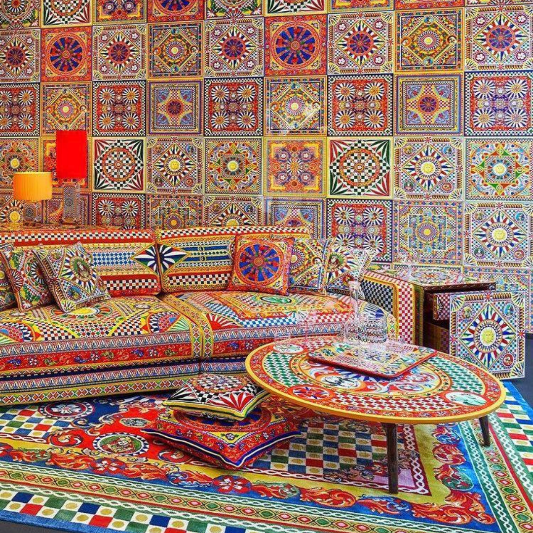 Dolce & Gabbana Casa furniture featuring Carretto or Blu Mediterraneo motifs at Royal Interiors Singapore.