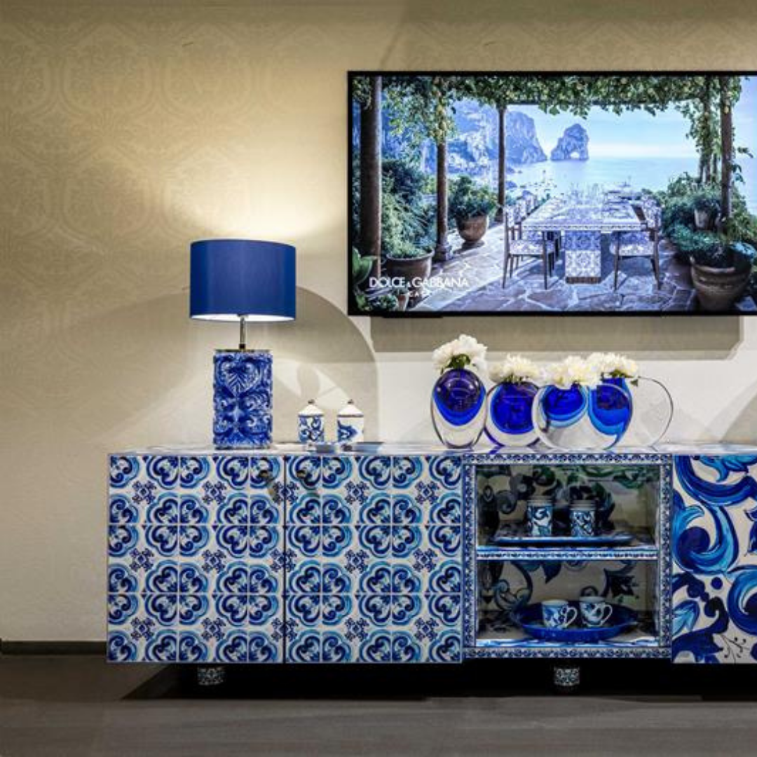 Dolce & Gabbana Casa furniture featuring Carretto or Blu Mediterraneo motifs at Royal Interiors Singapore.