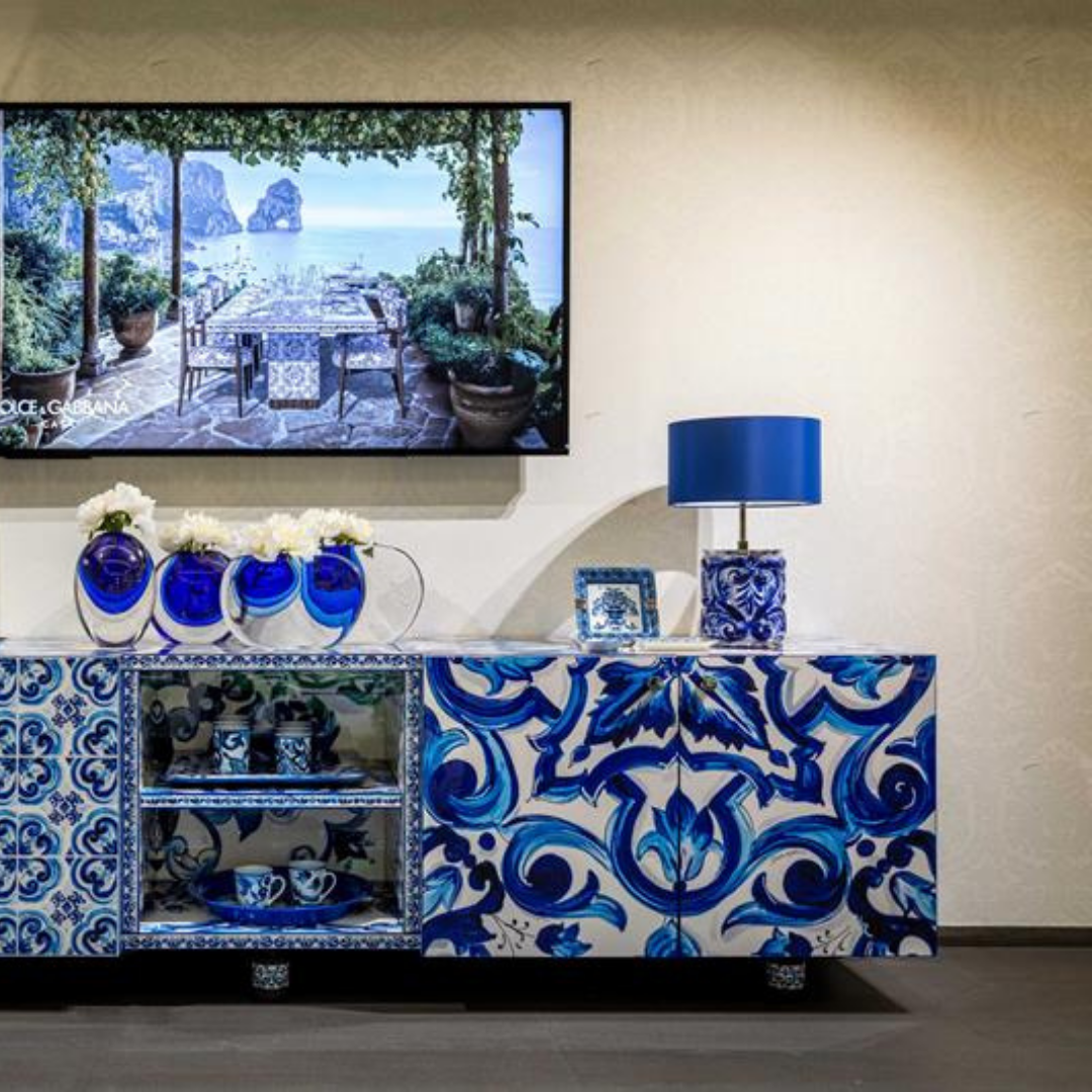Dolce & Gabbana Casa furniture featuring Carretto or Blu Mediterraneo motifs at Royal Interiors Singapore.
