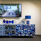 Dolce & Gabbana Casa furniture featuring Carretto or Blu Mediterraneo motifs at Royal Interiors Singapore.