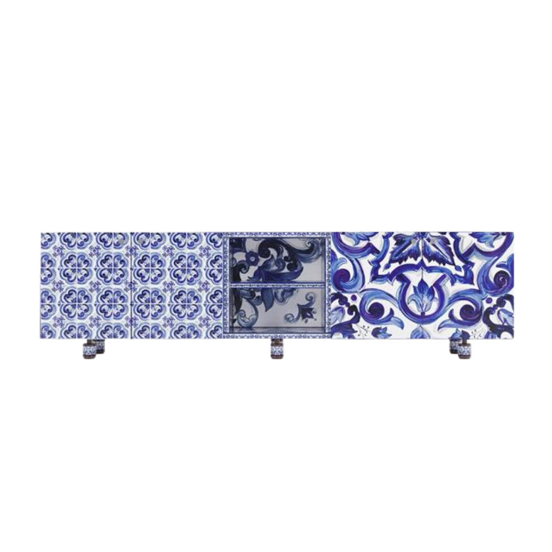 Dolce & Gabbana Casa furniture featuring Carretto or Blu Mediterraneo motifs at Royal Interiors Singapore.