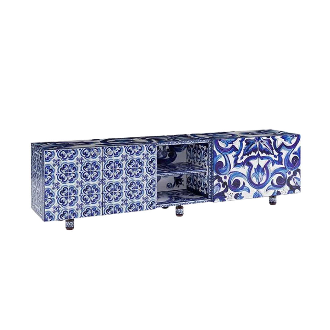 Dolce & Gabbana Casa furniture featuring Carretto or Blu Mediterraneo motifs at Royal Interiors Singapore.