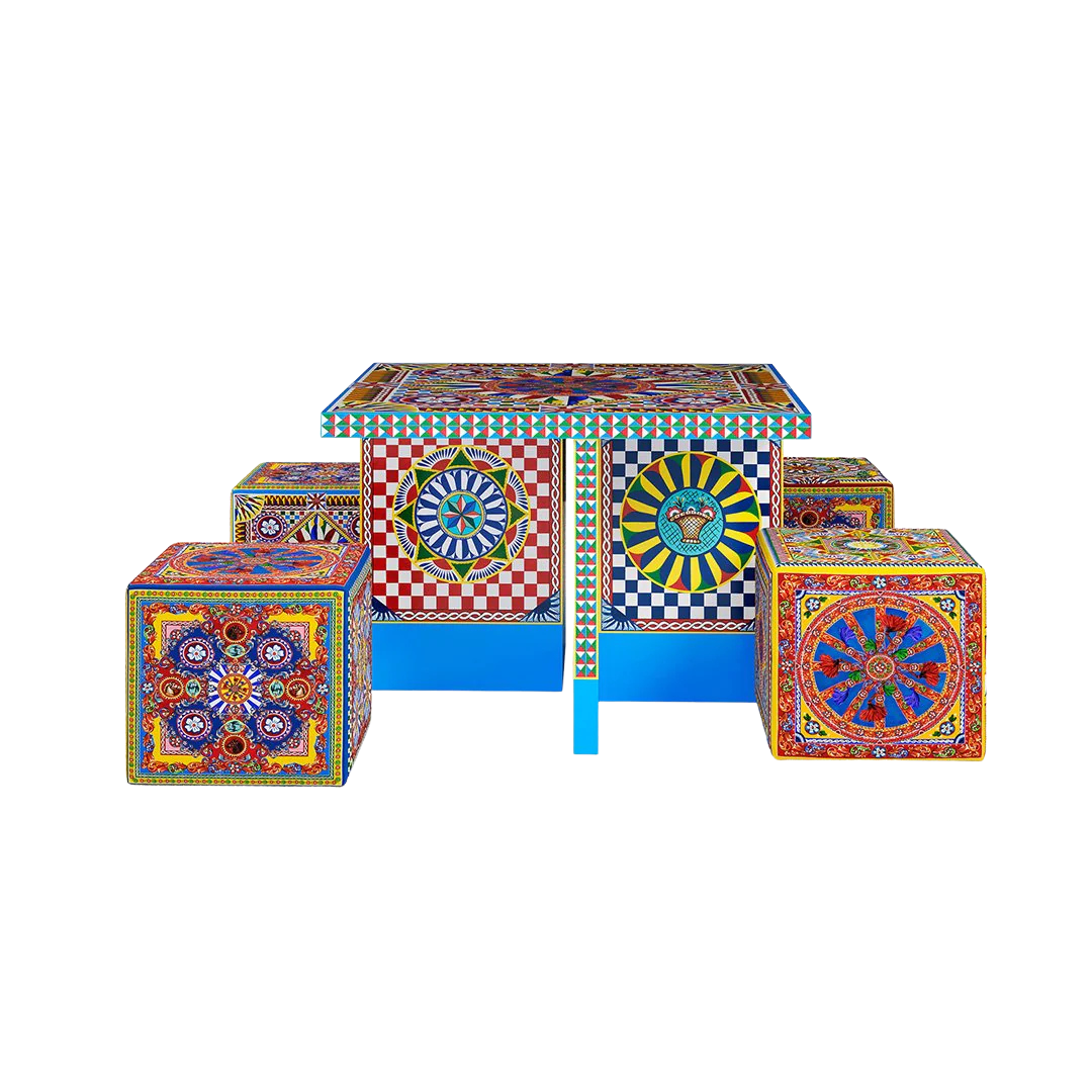 Dolce & Gabbana Casa furniture featuring Carretto or Blu Mediterraneo motifs at Royal Interiors Singapore.