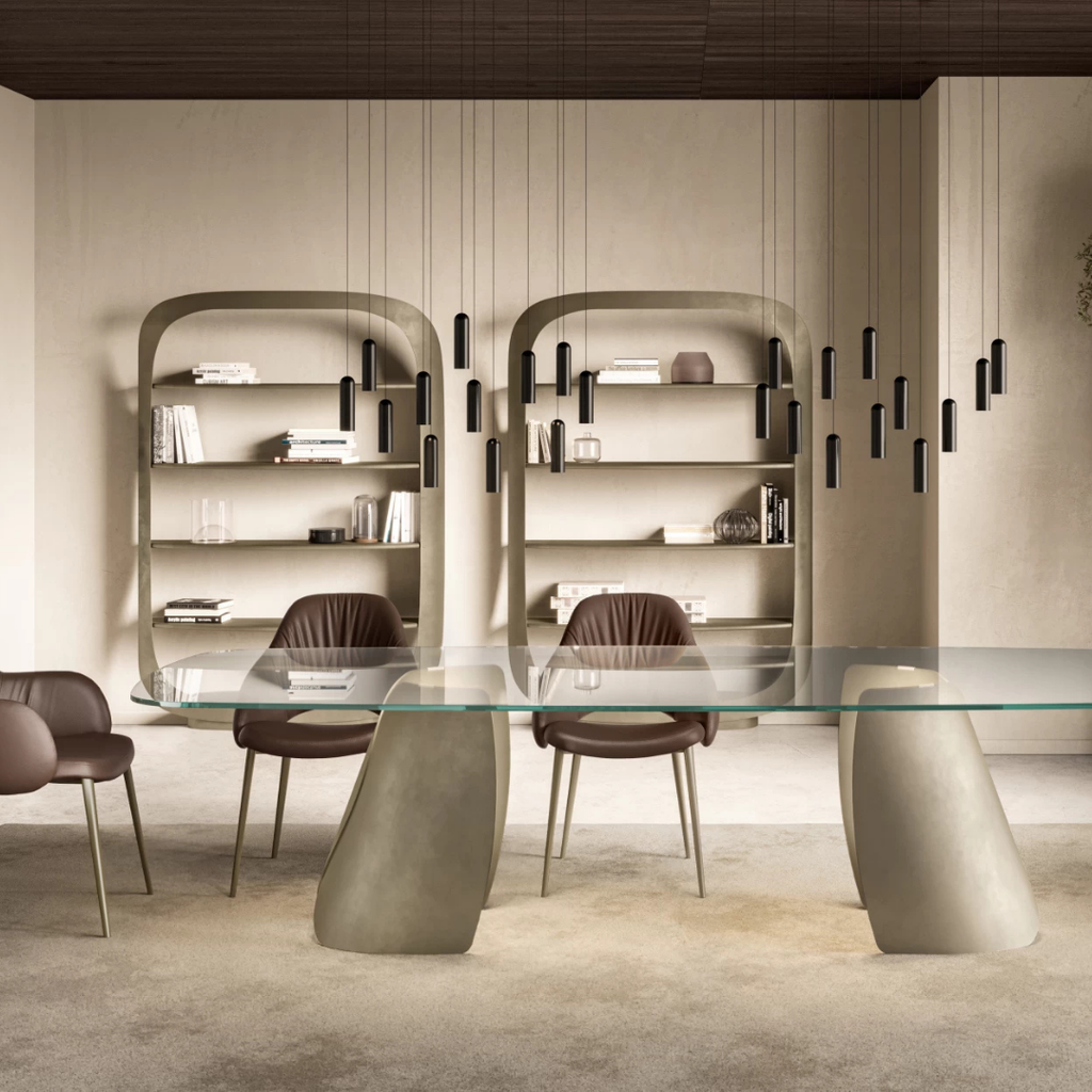 Eforma contemporary Italian furniture featuring sculptural tables and seating crafted in glass, marble, metal, and wood, displayed at Royal Interiors Singapore showroom