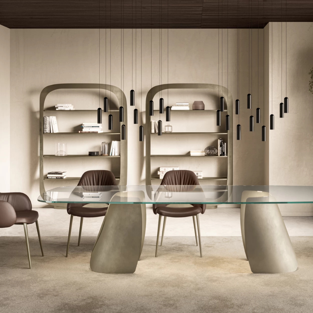 Eforma contemporary Italian furniture featuring sculptural tables and seating crafted in glass, marble, metal, and wood, displayed at Royal Interiors Singapore showroom