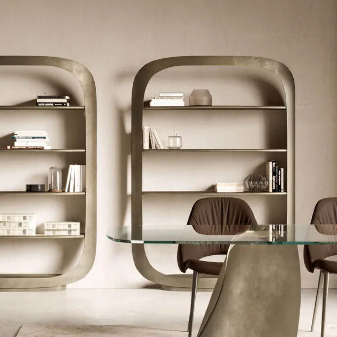 Eforma contemporary Italian furniture featuring sculptural tables and seating crafted in glass, marble, metal, and wood, displayed at Royal Interiors Singapore showroom