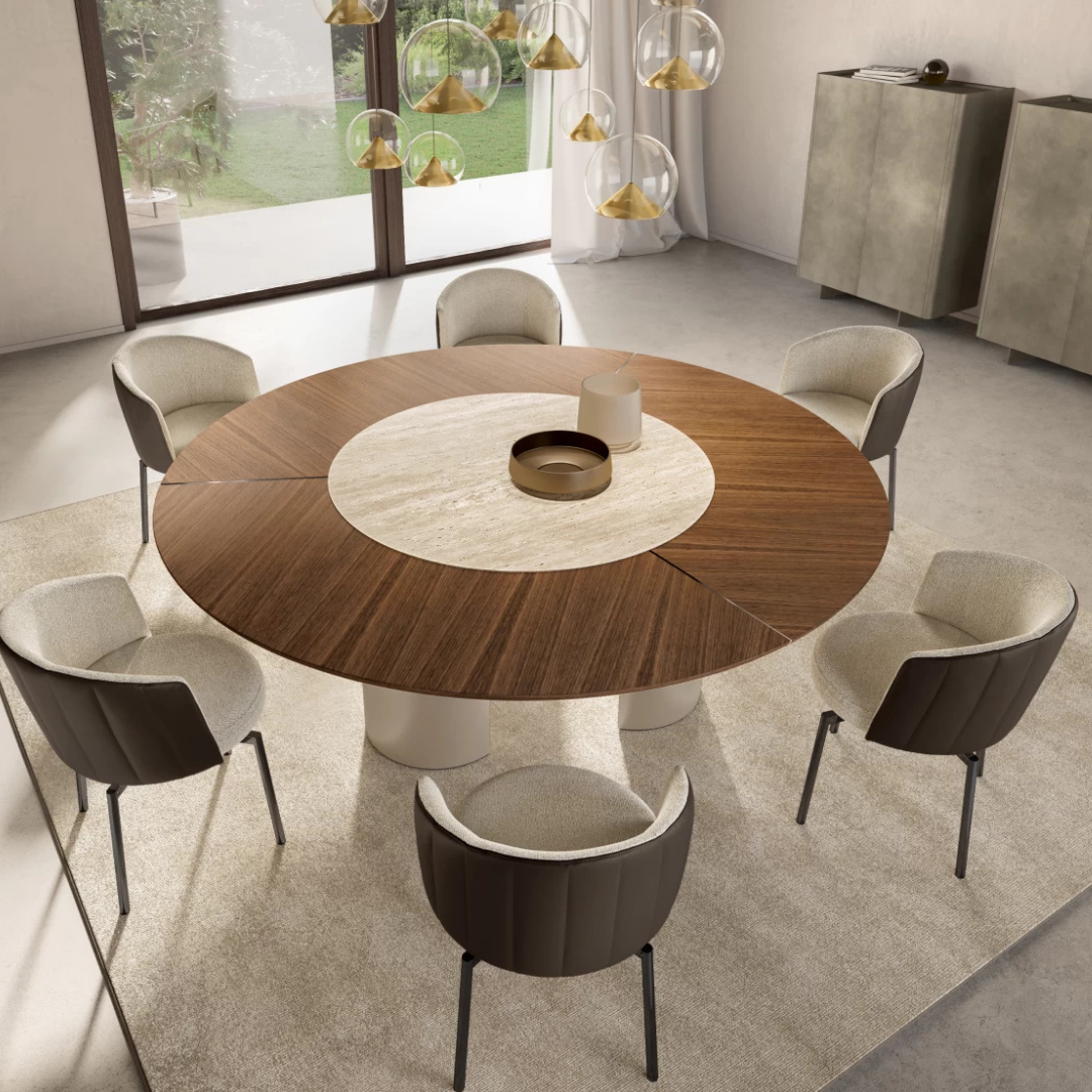 Eforma contemporary Italian furniture featuring sculptural tables and seating crafted in glass, marble, metal, and wood, displayed at Royal Interiors Singapore showroom