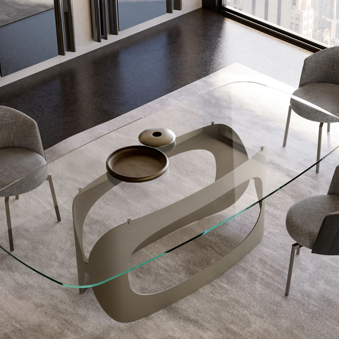 Eforma contemporary Italian furniture featuring sculptural tables and seating crafted in glass, marble, metal, and wood, displayed at Royal Interiors Singapore showroom