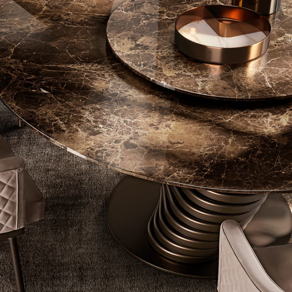 Eforma contemporary Italian furniture featuring sculptural tables and seating crafted in glass, marble, metal, and wood, displayed at Royal Interiors Singapore showroom