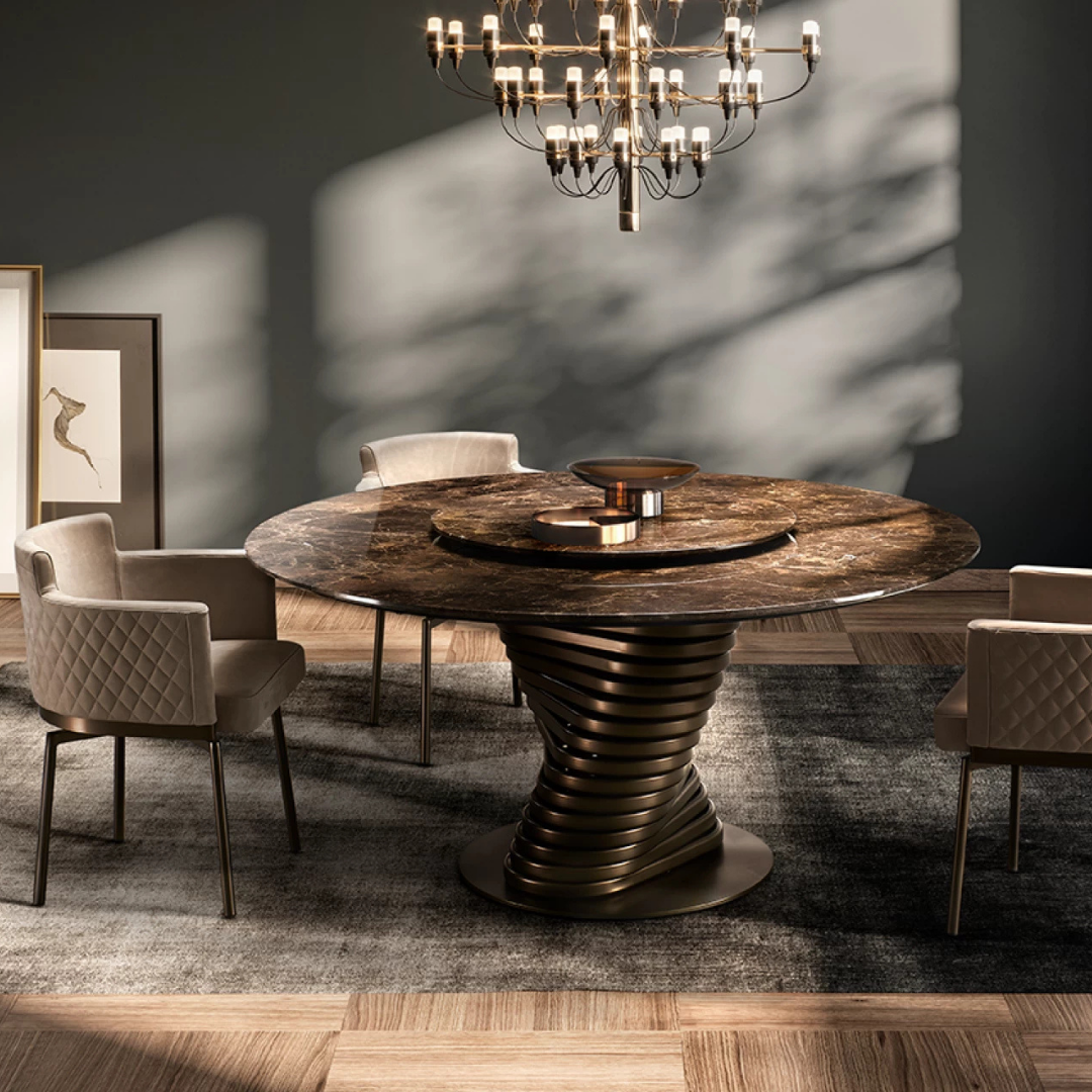 Eforma contemporary Italian furniture featuring sculptural tables and seating crafted in glass, marble, metal, and wood, displayed at Royal Interiors Singapore showroom