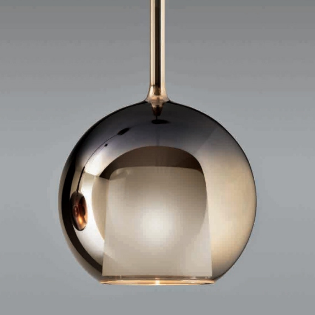 Penta Italian designer lighting featuring sculptural mirrored floor and pendant lights displayed in a luxury Singapore showroom