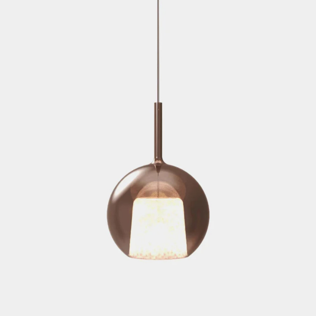 Penta Italian designer lighting featuring sculptural mirrored floor and pendant lights displayed in a luxury Singapore showroom