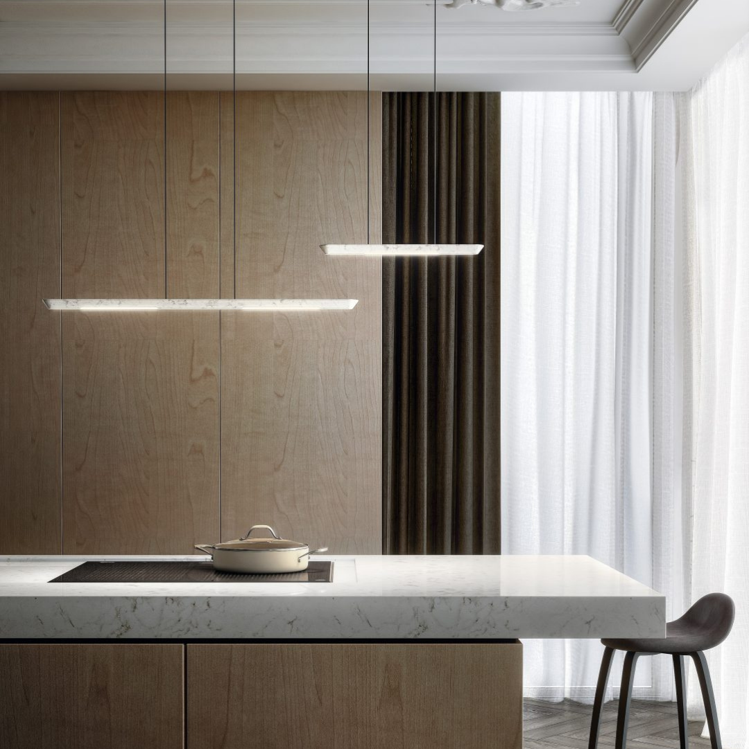 Penta Italian designer lighting featuring sculptural mirrored floor and pendant lights displayed in a luxury Singapore showroom