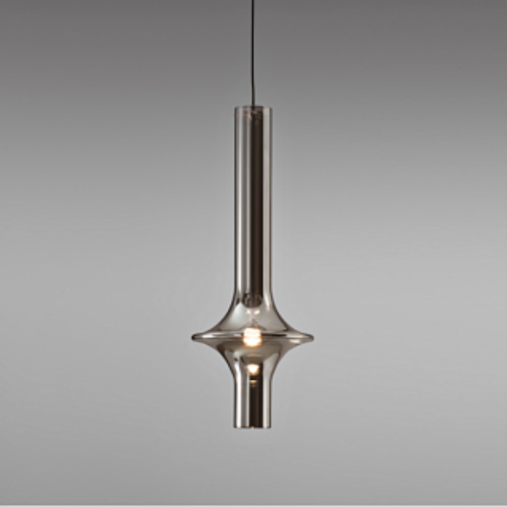 Penta Italian designer lighting featuring sculptural mirrored floor and pendant lights displayed in a luxury Singapore showroom