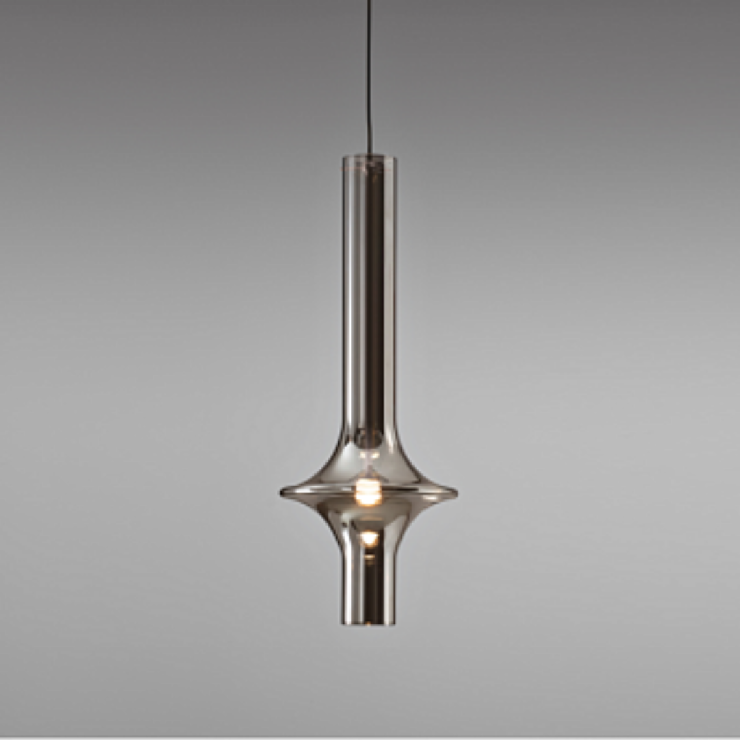 Penta Italian designer lighting featuring sculptural mirrored floor and pendant lights displayed in a luxury Singapore showroom