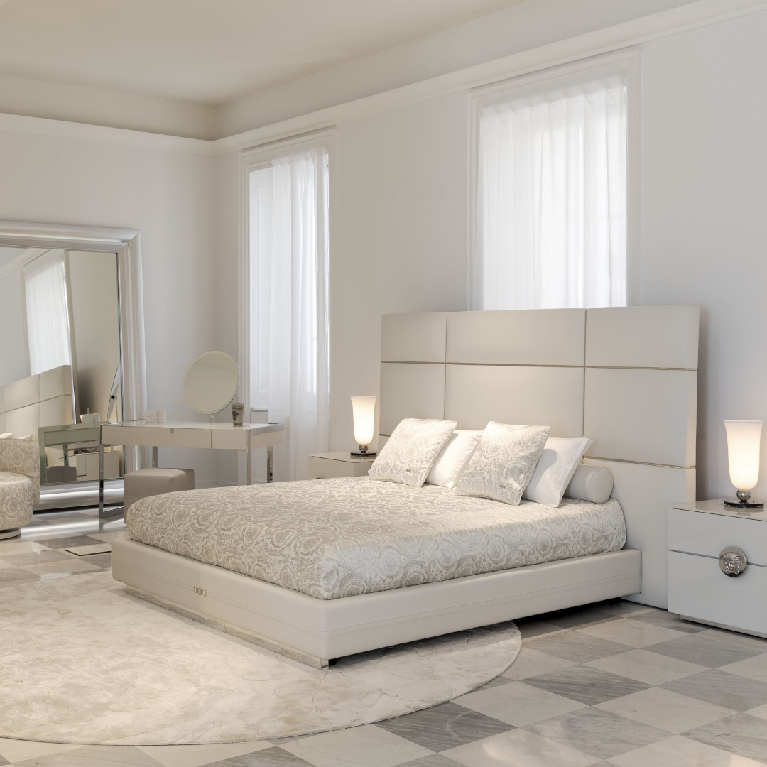 Versace Home furniture with signature Medusa and La Greca detailing, available at Royal Interiors Singapore.