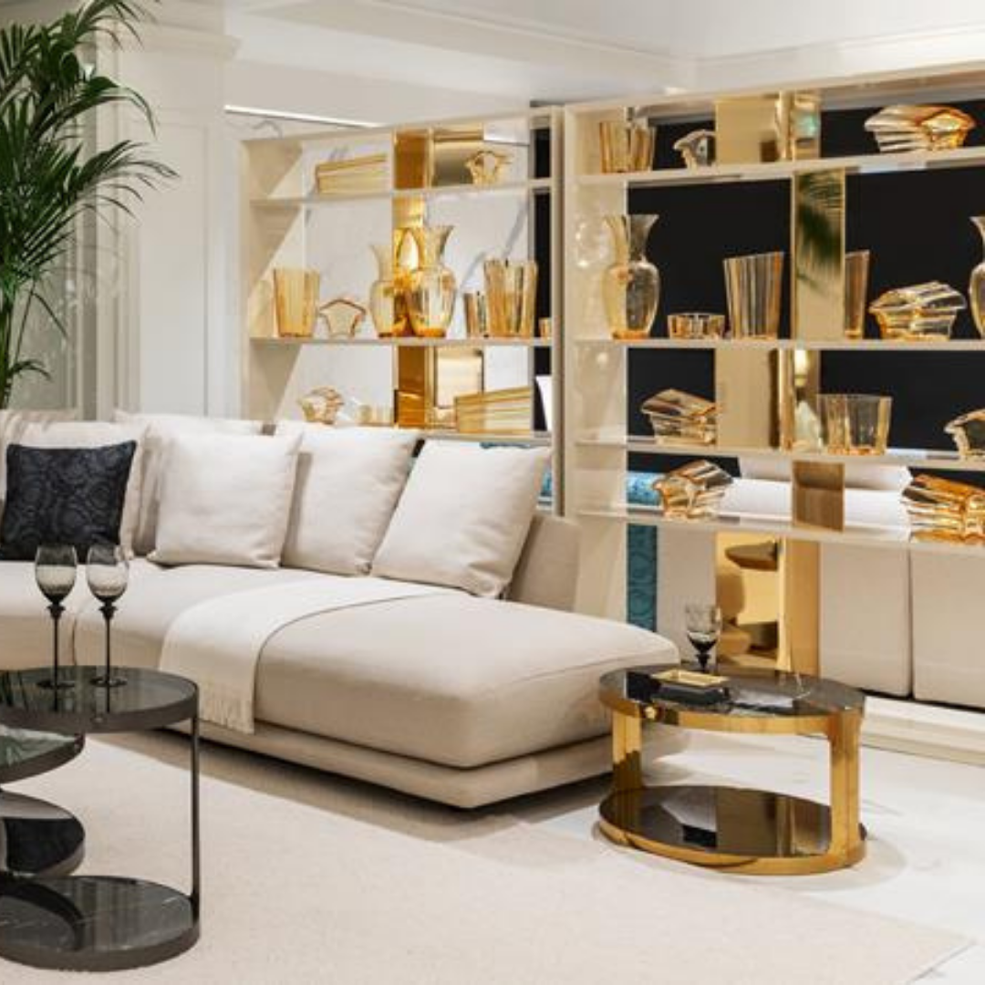 Versace Home furniture with signature Medusa and La Greca detailing, available at Royal Interiors Singapore.