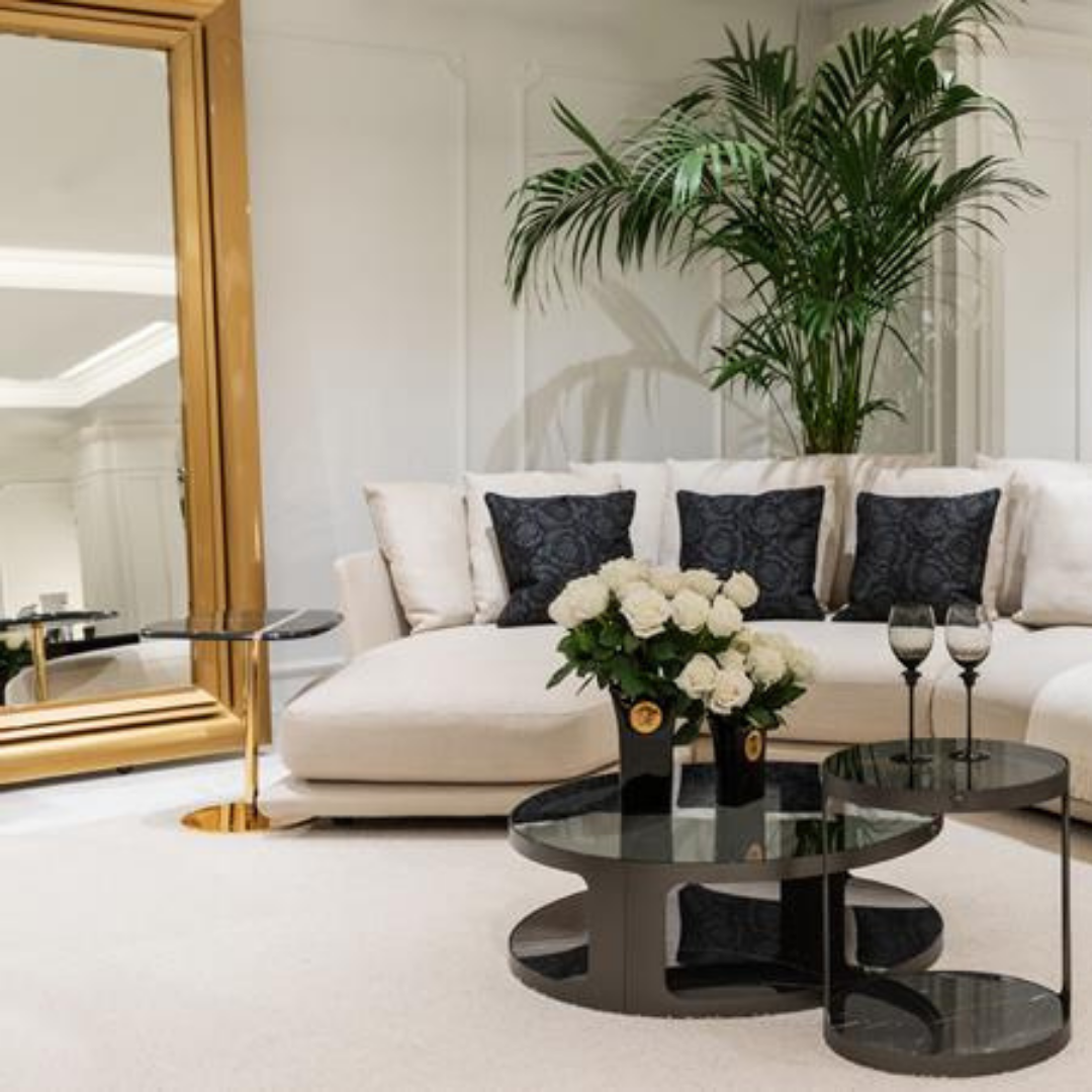 Versace Home furniture with signature Medusa and La Greca detailing, available at Royal Interiors Singapore.