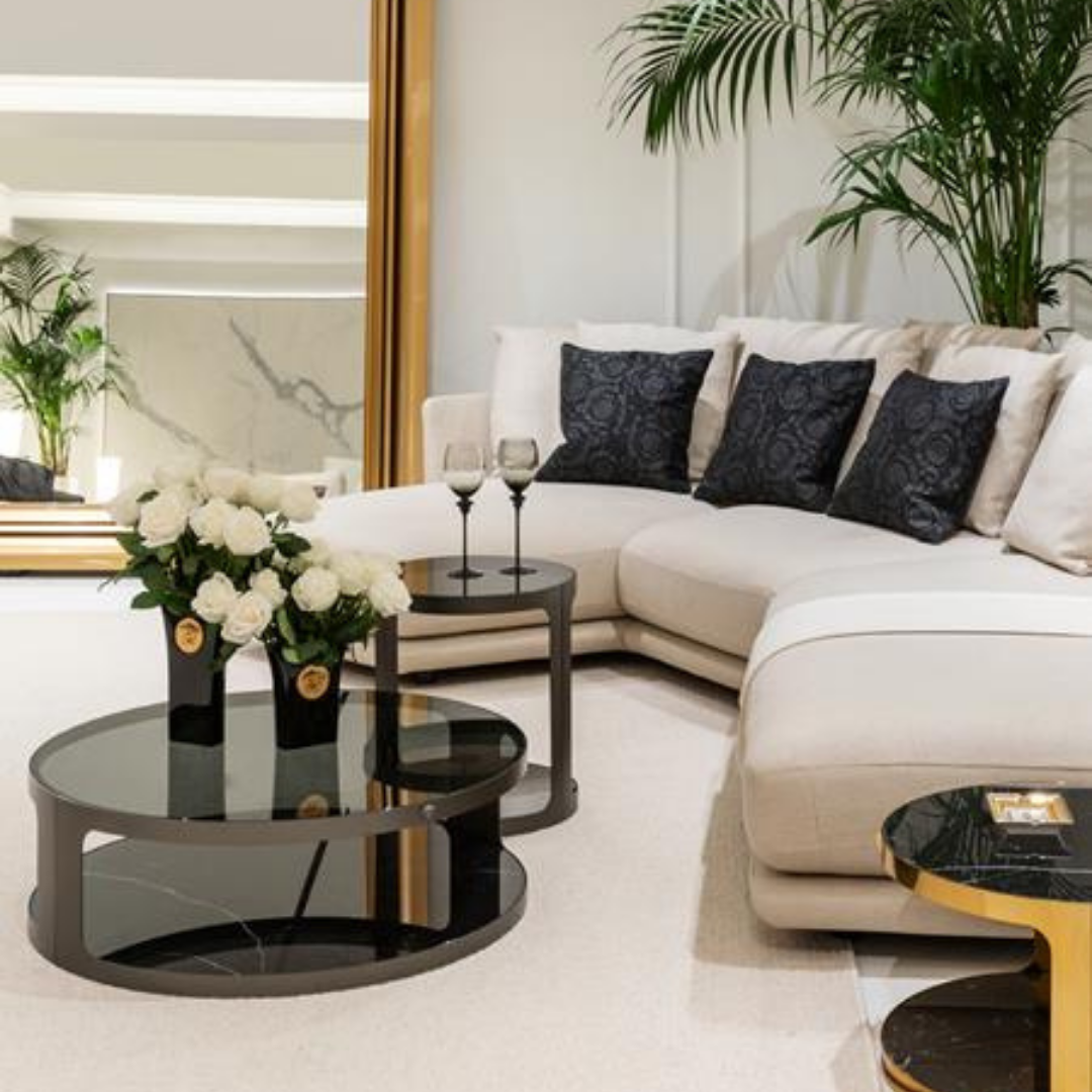 Versace Home furniture with signature Medusa and La Greca detailing, available at Royal Interiors Singapore.