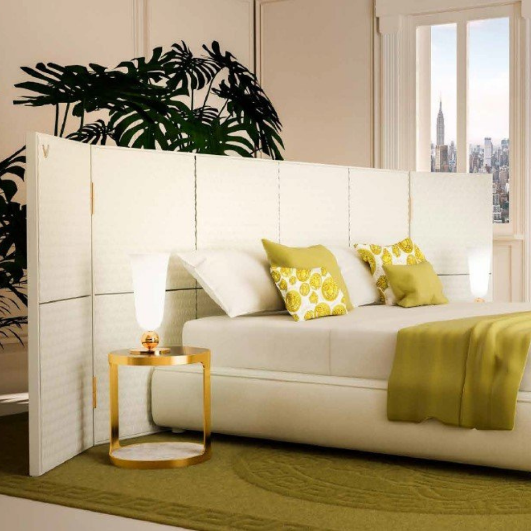 Versace Home furniture with signature Medusa and La Greca detailing, available at Royal Interiors Singapore.