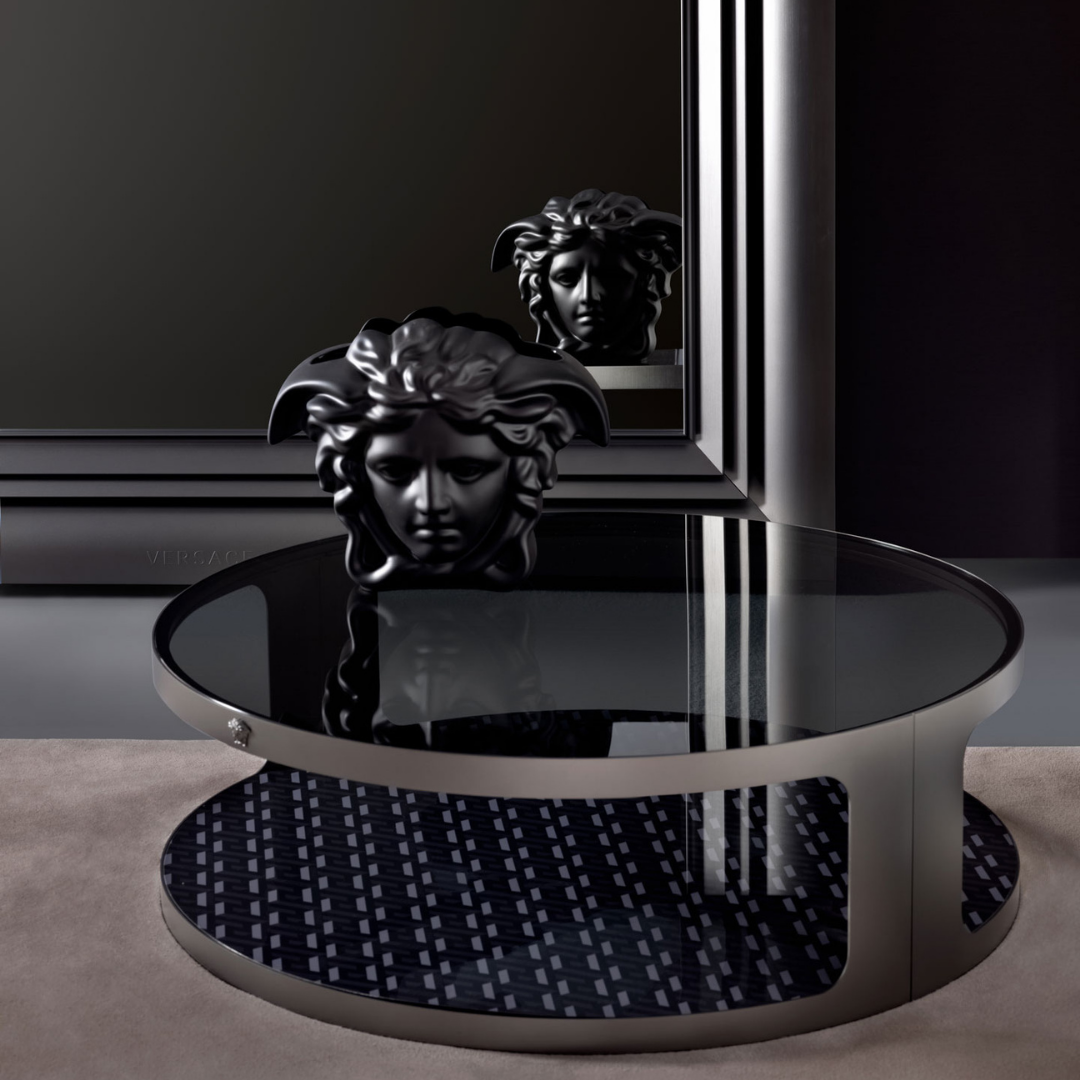 Versace Home furniture with signature Medusa and La Greca detailing, available at Royal Interiors Singapore.