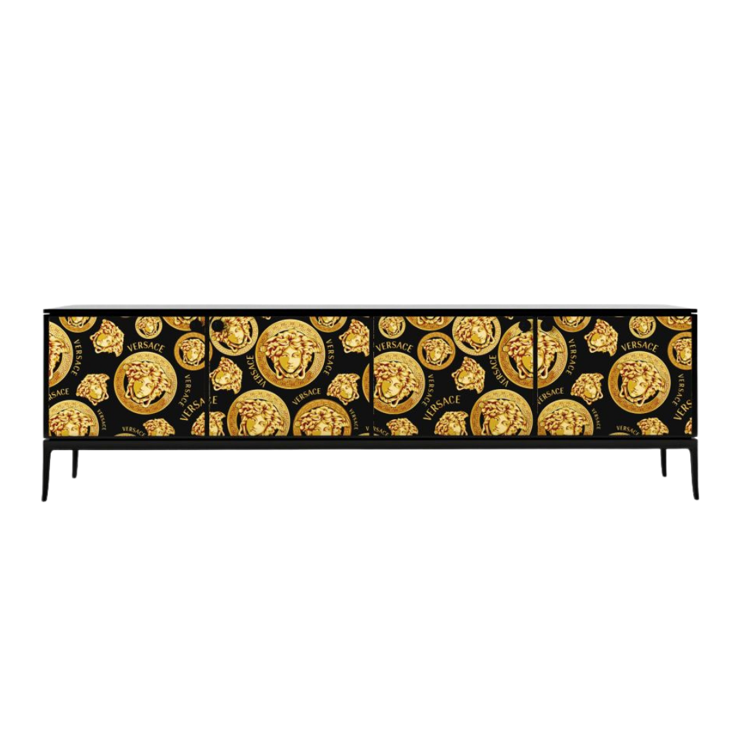 Versace Home furniture with signature Medusa and La Greca detailing, available at Royal Interiors Singapore.
