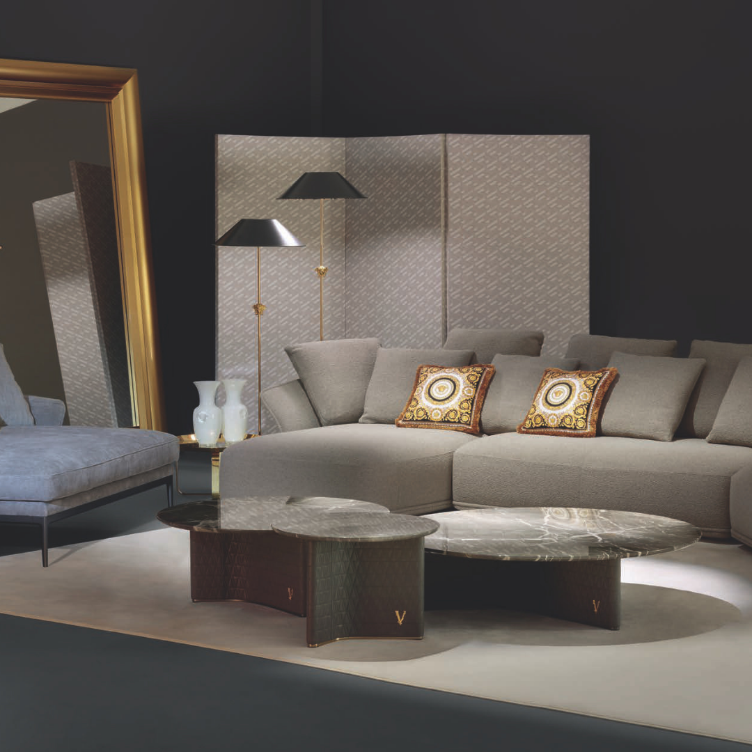 Versace Home furniture with signature Medusa and La Greca detailing, available at Royal Interiors Singapore.