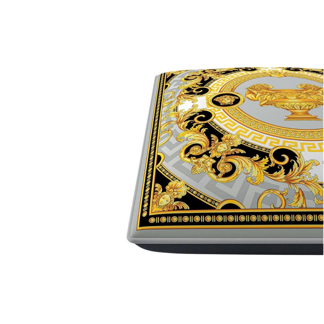 Versace Home furniture with signature Medusa and La Greca detailing, available at Royal Interiors Singapore.