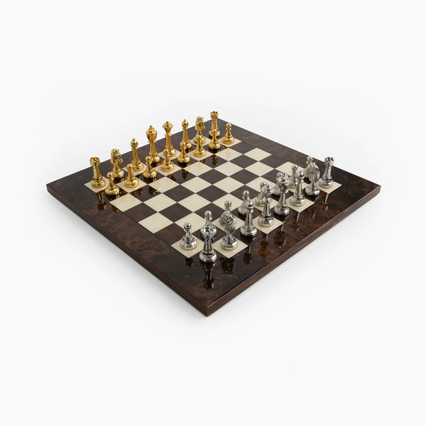 Metal Zinc G/S Plated +  Briar Wood Grey Chess Set