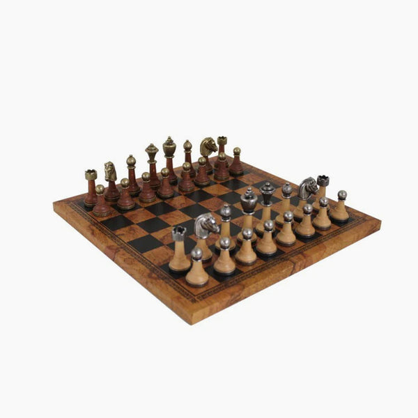 Metal Zinc G/S Plated + Glossy Finish Elm Briar Wood Chess Set