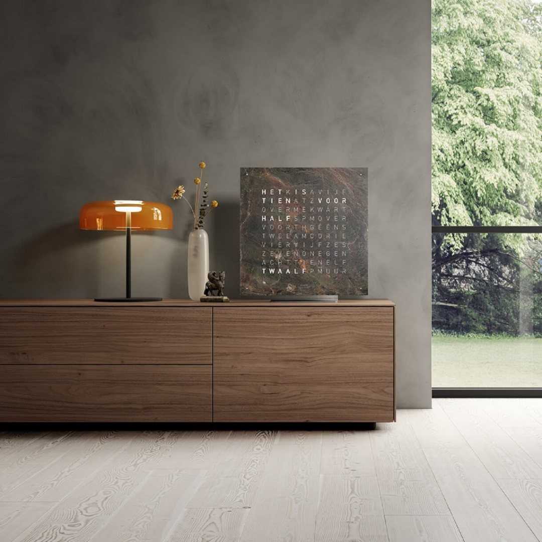 QLOCKTWO luxury word clock in contemporary interior setting, available at Royal Interiors Singapore